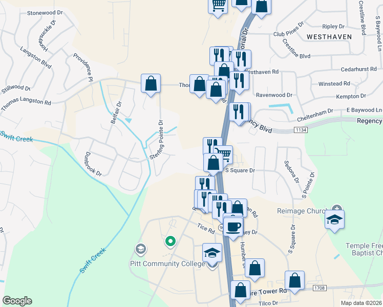map of restaurants, bars, coffee shops, grocery stores, and more near 712 Patton Circle in Winterville