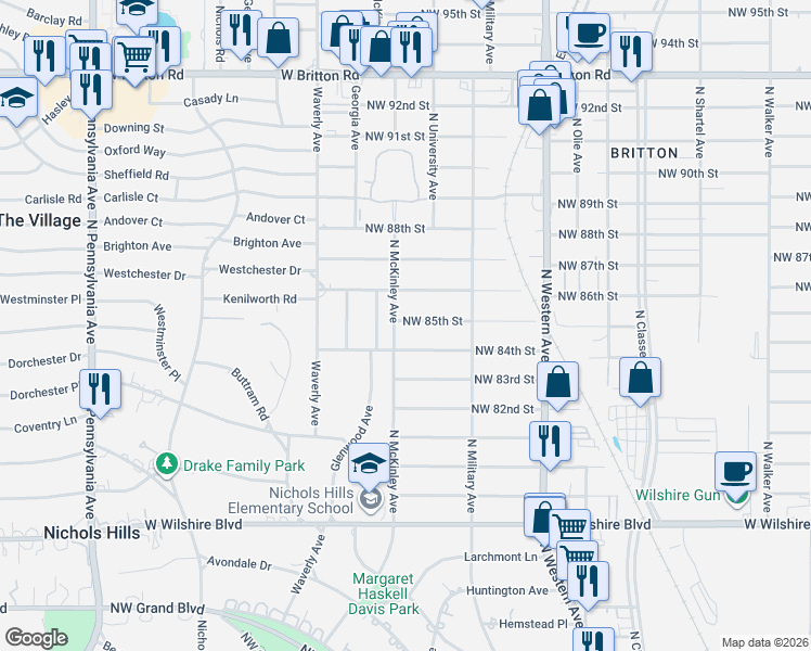 map of restaurants, bars, coffee shops, grocery stores, and more near 8600 Glenwood Avenue in Oklahoma City