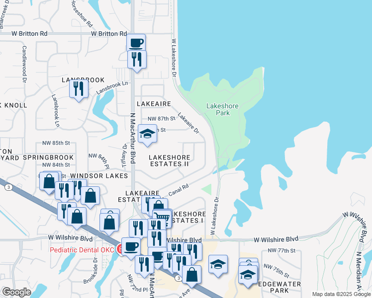 map of restaurants, bars, coffee shops, grocery stores, and more near 8501 Meadow Lark Lane in Oklahoma City
