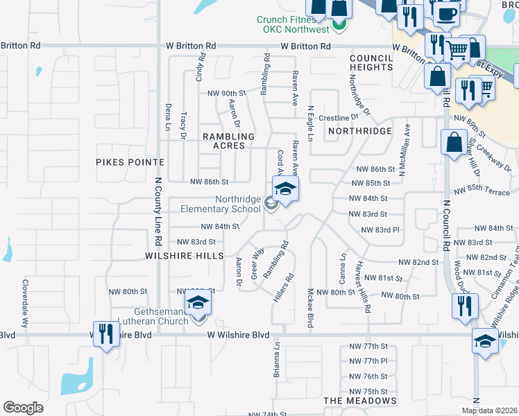 map of restaurants, bars, coffee shops, grocery stores, and more near 8601 Rambling Road in Oklahoma City
