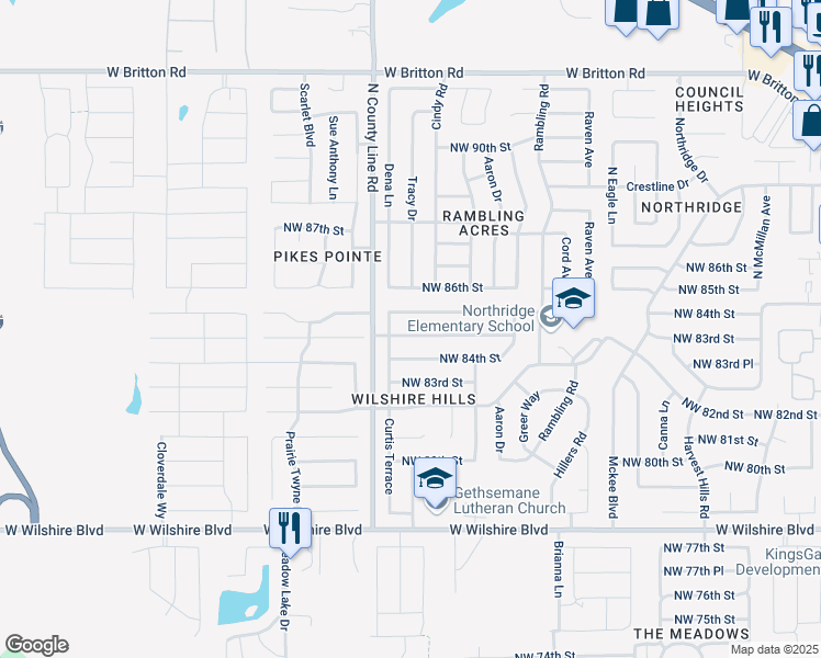 map of restaurants, bars, coffee shops, grocery stores, and more near 8913 Northwest 85th Street in Oklahoma City