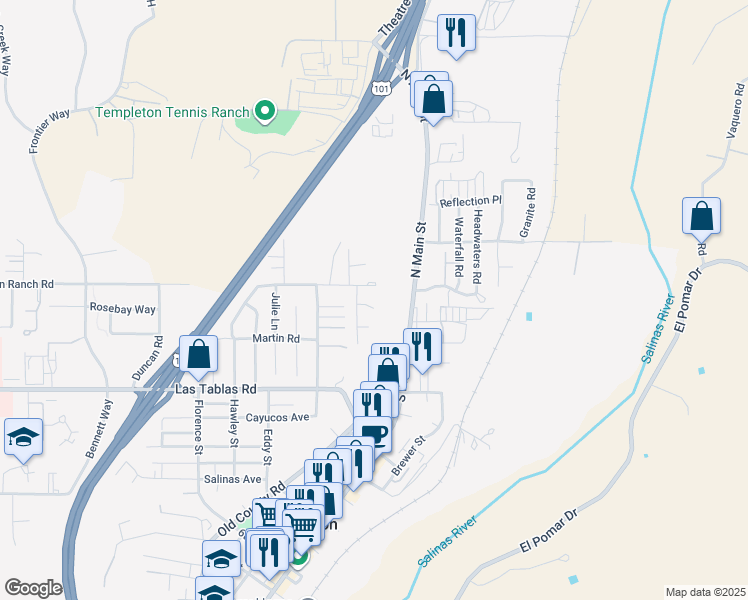 map of restaurants, bars, coffee shops, grocery stores, and more near 280 Gaucho Court in Templeton