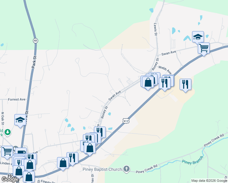 map of restaurants, bars, coffee shops, grocery stores, and more near 136 Happy Hollow Road in Hohenwald