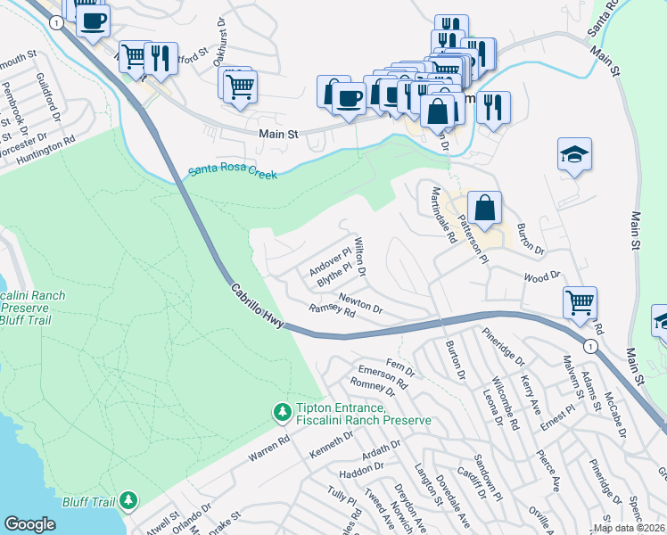 map of restaurants, bars, coffee shops, grocery stores, and more near 2148 Andover Pl in Cambria