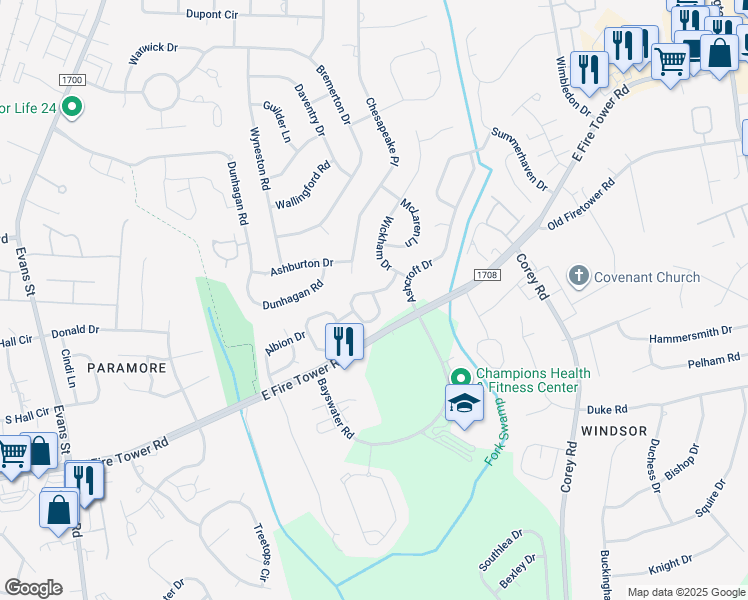 map of restaurants, bars, coffee shops, grocery stores, and more near 1240 Quarterpath Drive in Winterville