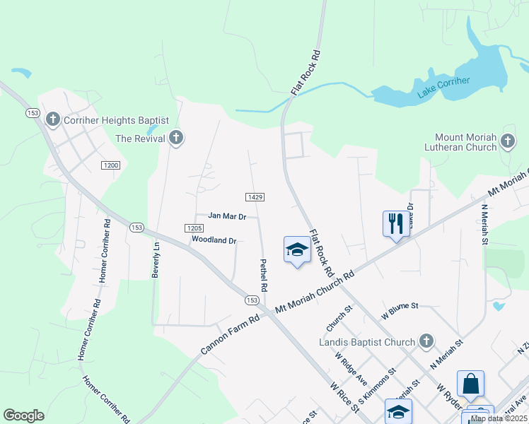 map of restaurants, bars, coffee shops, grocery stores, and more near 370 Pethel Road in China Grove