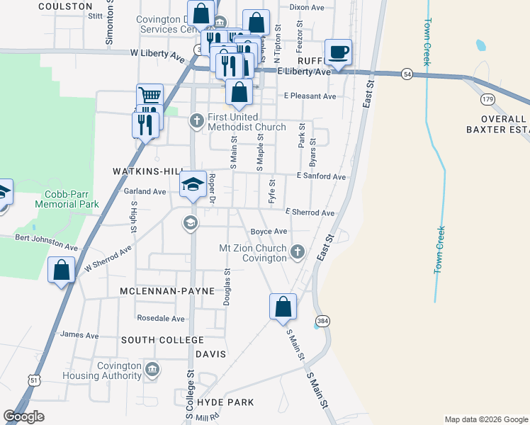 map of restaurants, bars, coffee shops, grocery stores, and more near 207 East Sherrod Avenue in Covington
