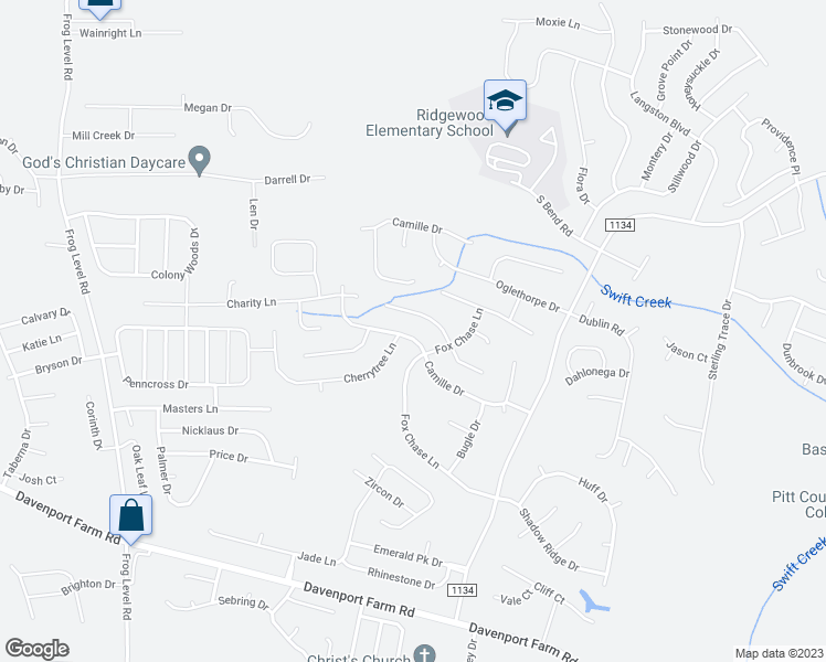 map of restaurants, bars, coffee shops, grocery stores, and more near 2712 Camille Drive in Winterville