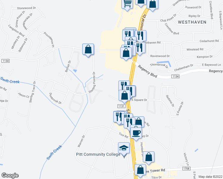 map of restaurants, bars, coffee shops, grocery stores, and more near 710 Patton Circle in Winterville