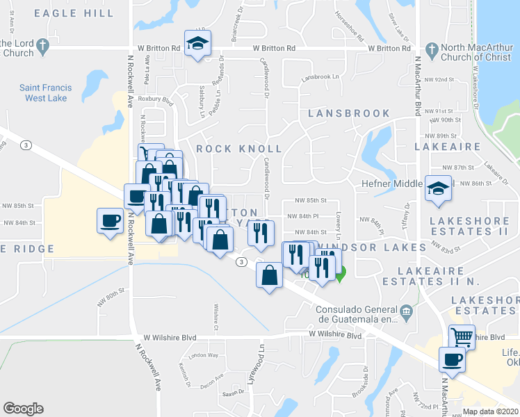 map of restaurants, bars, coffee shops, grocery stores, and more near 8543 Candlewood Drive in Oklahoma City