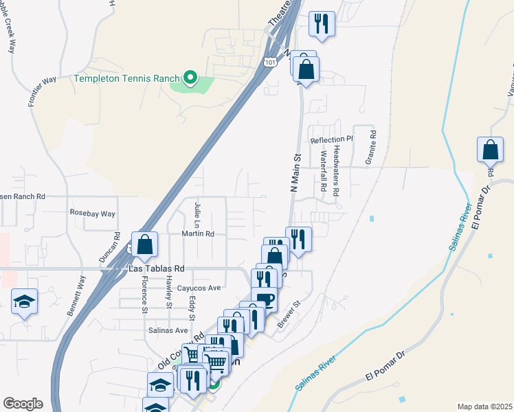map of restaurants, bars, coffee shops, grocery stores, and more near 280 Gaucho Court in Templeton