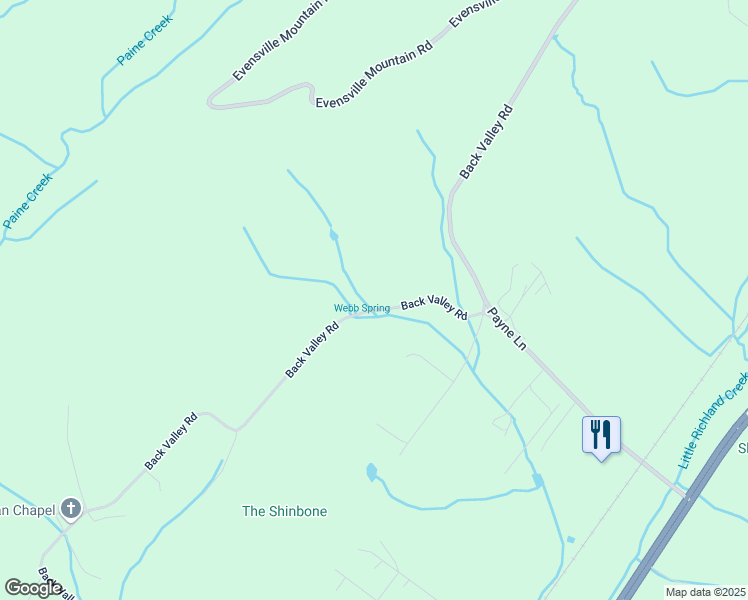 map of restaurants, bars, coffee shops, grocery stores, and more near 5585 Back Valley Road in Evensville