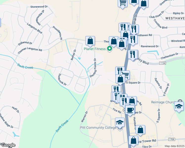 map of restaurants, bars, coffee shops, grocery stores, and more near 3903 Sterling Pointe Drive in Winterville