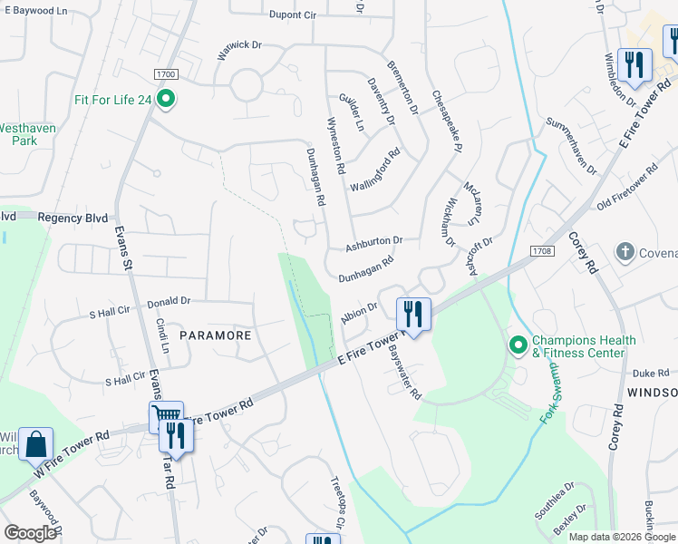map of restaurants, bars, coffee shops, grocery stores, and more near 4205 Dunhagan Road in Greenville