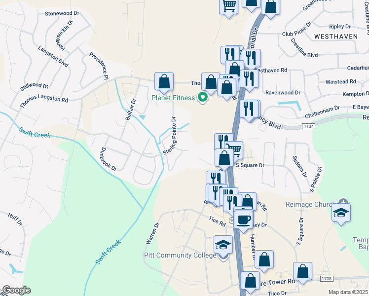 map of restaurants, bars, coffee shops, grocery stores, and more near 3905 Sterling Pointe Drive in Winterville