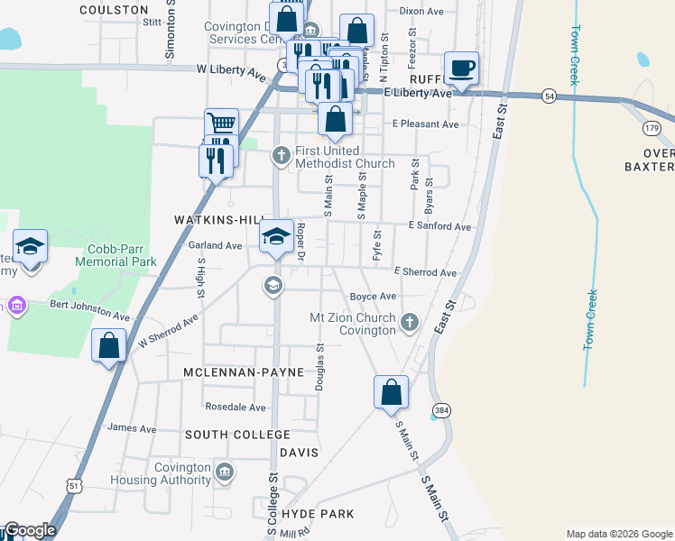 map of restaurants, bars, coffee shops, grocery stores, and more near 704 Tennessee 59 Business in Covington
