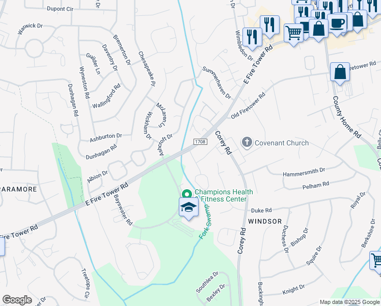 map of restaurants, bars, coffee shops, grocery stores, and more near 4004 Whitebridge Drive in Winterville