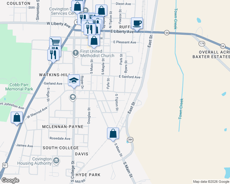 map of restaurants, bars, coffee shops, grocery stores, and more near 233 E Sherrod Ave in Covington