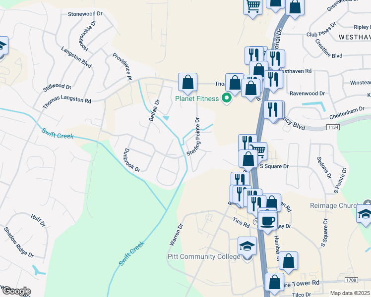 map of restaurants, bars, coffee shops, grocery stores, and more near 3900 Sterling Pointe Drive in Winterville
