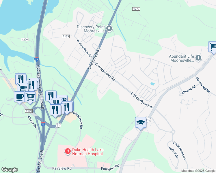 map of restaurants, bars, coffee shops, grocery stores, and more near Tommys Lane in Mooresville