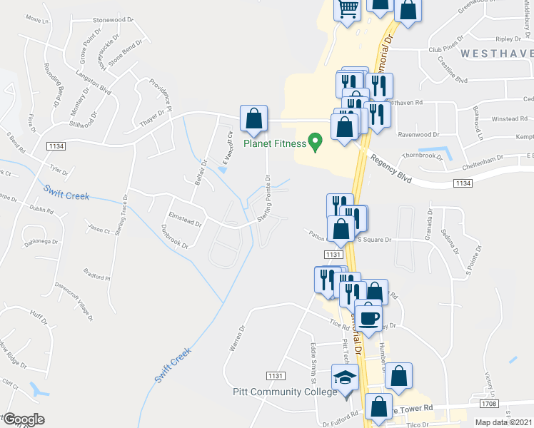 map of restaurants, bars, coffee shops, grocery stores, and more near 3837 Sterling Pointe Drive in Winterville