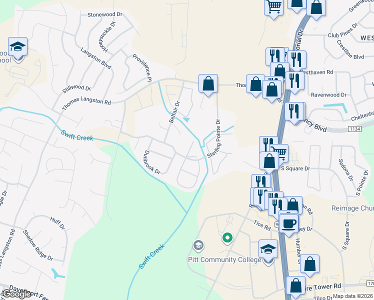 map of restaurants, bars, coffee shops, grocery stores, and more near 3914 Sterling Pointe Drive in Winterville