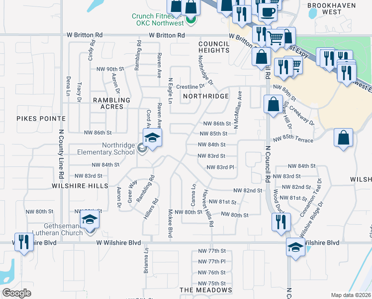 map of restaurants, bars, coffee shops, grocery stores, and more near 8401 Mckee Boulevard in Oklahoma City