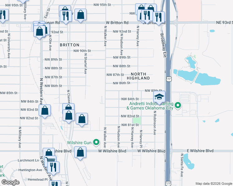 map of restaurants, bars, coffee shops, grocery stores, and more near 404 Northwest 85th Street in Oklahoma City
