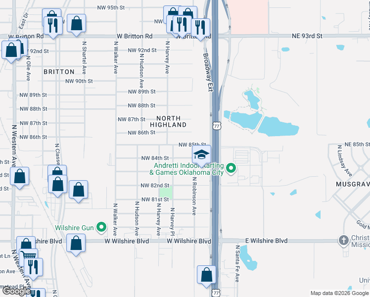 map of restaurants, bars, coffee shops, grocery stores, and more near 216 Northwest 85th Street in Oklahoma City
