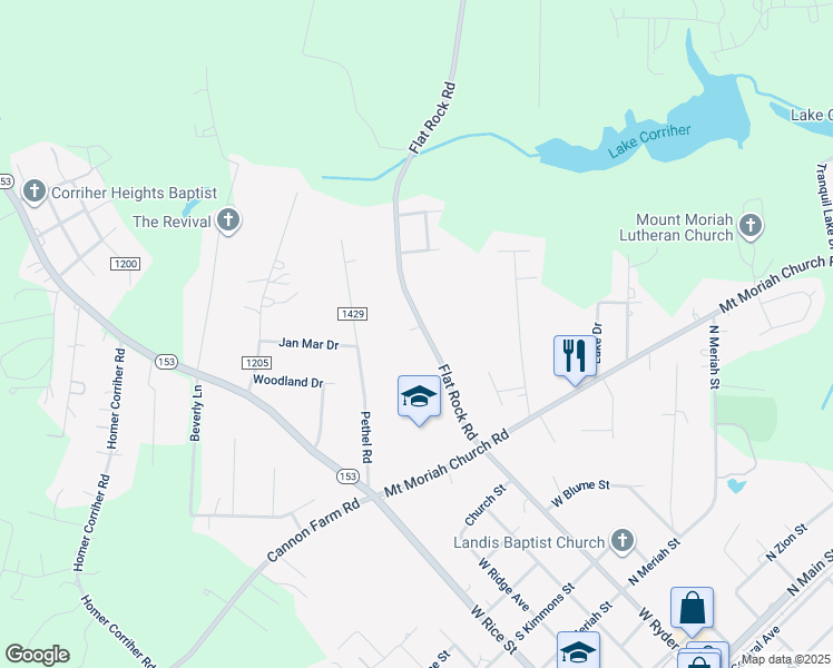 map of restaurants, bars, coffee shops, grocery stores, and more near 1225 Flat Rock Road in China Grove