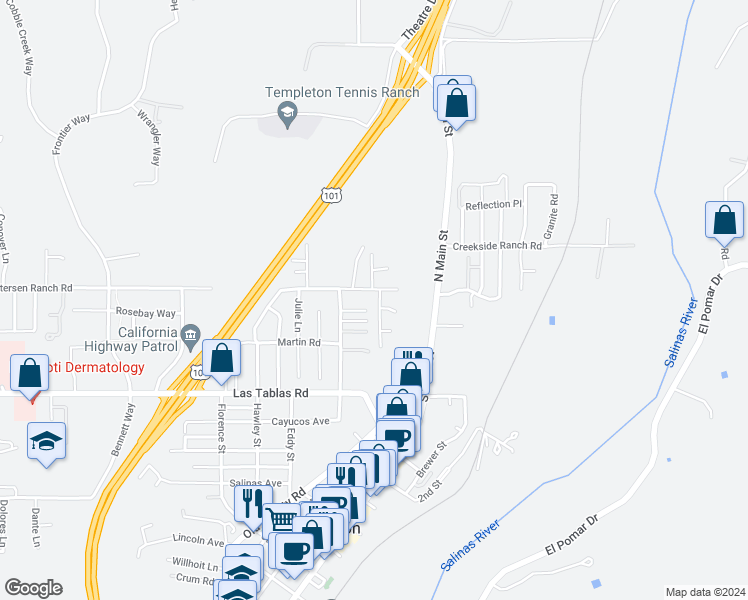 map of restaurants, bars, coffee shops, grocery stores, and more near 16 Tamarack Way in Templeton