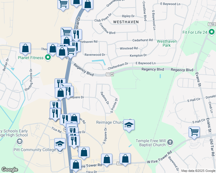 map of restaurants, bars, coffee shops, grocery stores, and more near 220 South Pointe Drive in Winterville