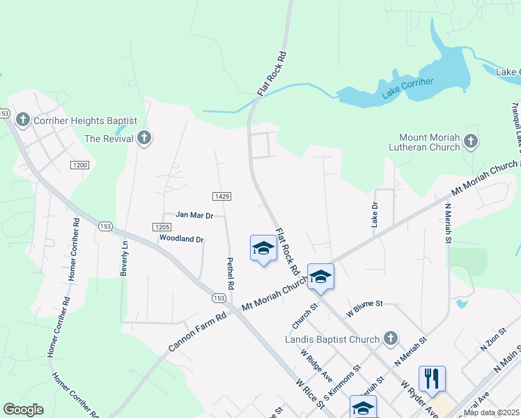 map of restaurants, bars, coffee shops, grocery stores, and more near 1225 Flat Rock Road in China Grove