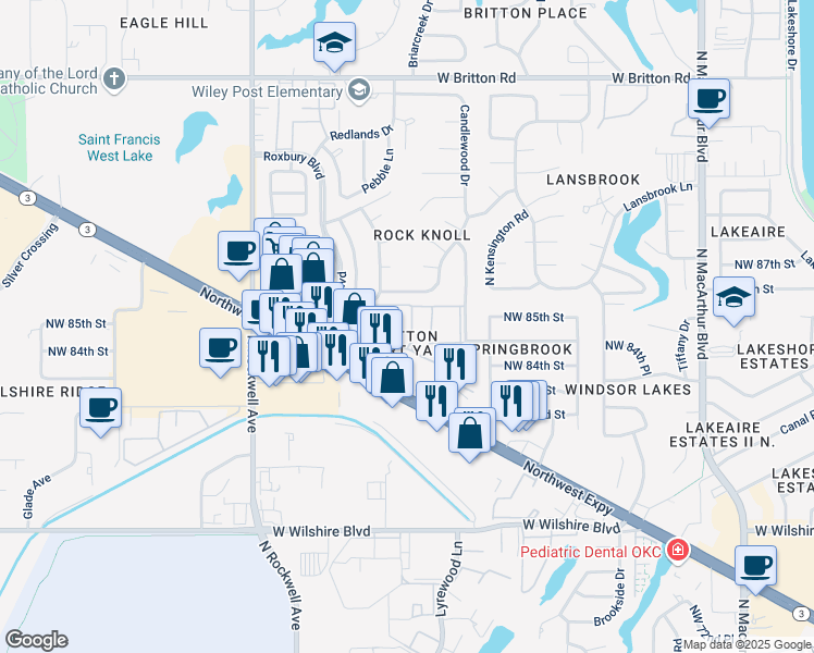 map of restaurants, bars, coffee shops, grocery stores, and more near 8549 Candlewood Drive in Oklahoma City