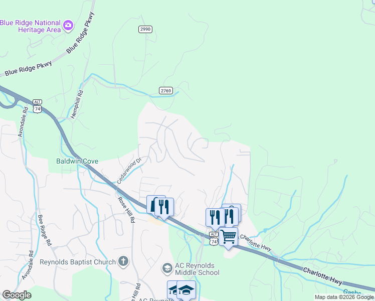 map of restaurants, bars, coffee shops, grocery stores, and more near 2 Skyview Court in Asheville