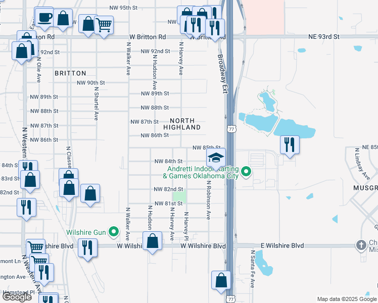 map of restaurants, bars, coffee shops, grocery stores, and more near 252 Northwest 85th Street in Oklahoma City