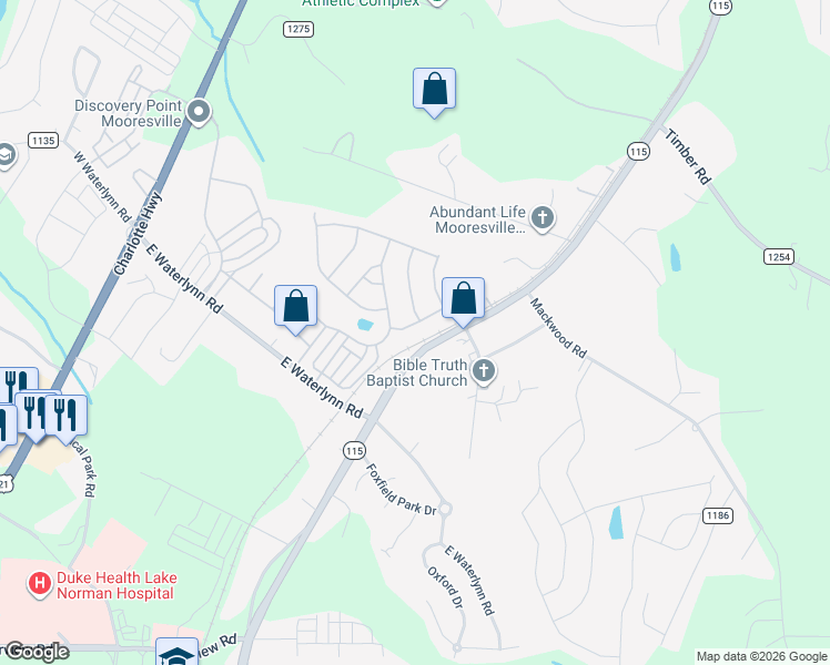 map of restaurants, bars, coffee shops, grocery stores, and more near 112 Colville Road in Mooresville