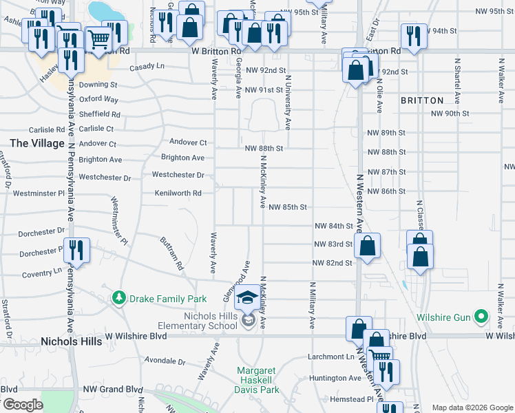 map of restaurants, bars, coffee shops, grocery stores, and more near 8600 Glenwood Avenue in Oklahoma City