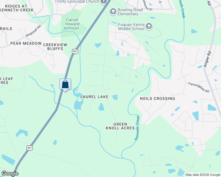 map of restaurants, bars, coffee shops, grocery stores, and more near 1629 Bowling Road in Fuquay-Varina