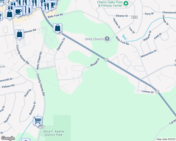 map of restaurants, bars, coffee shops, grocery stores, and more near 4428 Bluebill Drive in Greenville