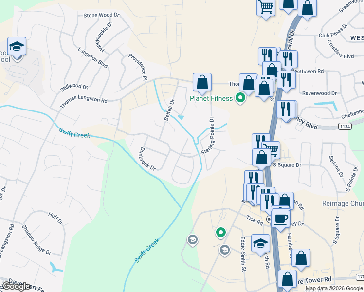 map of restaurants, bars, coffee shops, grocery stores, and more near 3914 Sterling Pointe Drive in Winterville