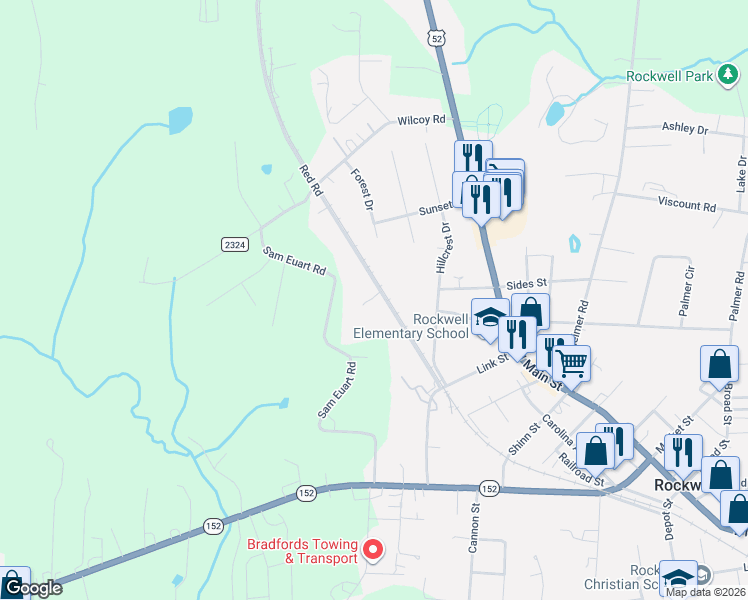map of restaurants, bars, coffee shops, grocery stores, and more near 8676 Red Road in Rockwell