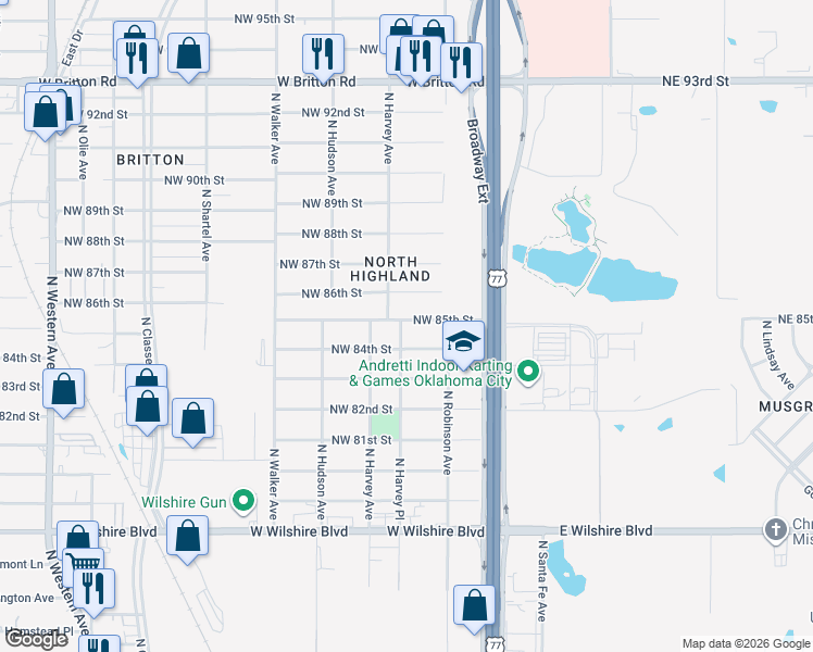 map of restaurants, bars, coffee shops, grocery stores, and more near 252 Northwest 85th Street in Oklahoma City