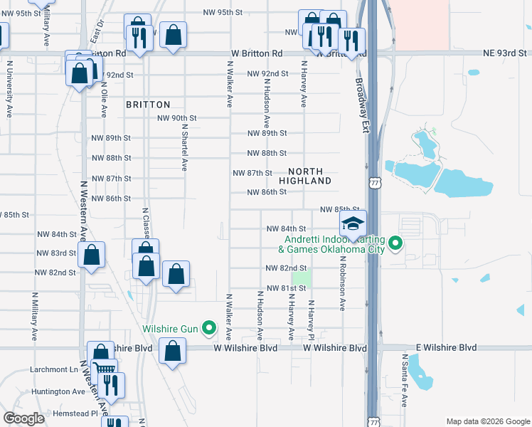 map of restaurants, bars, coffee shops, grocery stores, and more near 404 Northwest 85th Street in Oklahoma City