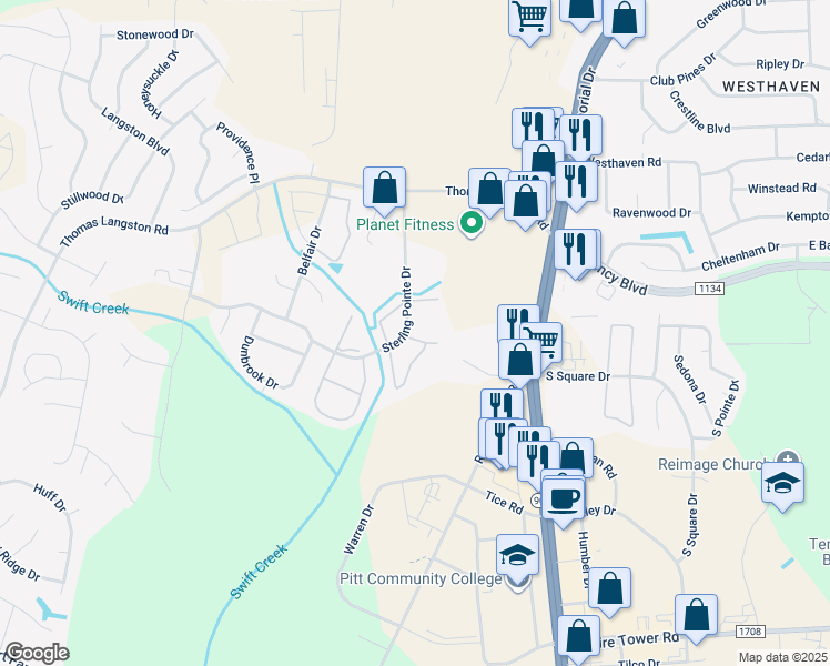 map of restaurants, bars, coffee shops, grocery stores, and more near 3901 Sterling Pointe Drive in Winterville
