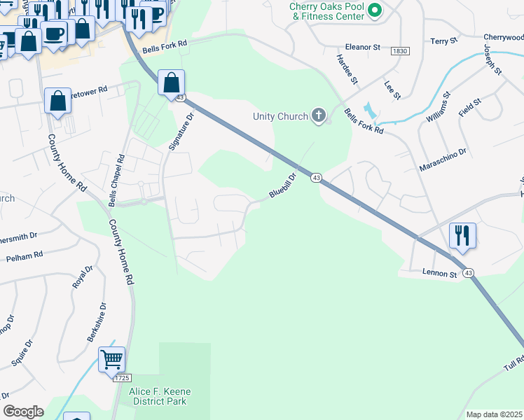 map of restaurants, bars, coffee shops, grocery stores, and more near 4428 Bluebill Drive in Greenville
