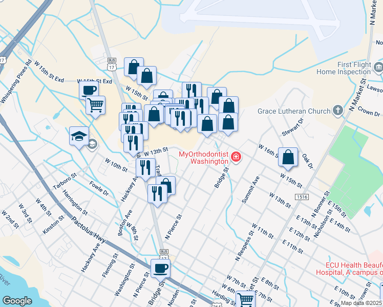 map of restaurants, bars, coffee shops, grocery stores, and more near 1302 Washington Street in Washington