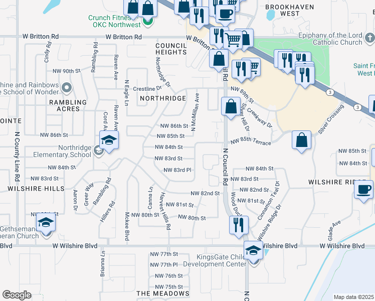 map of restaurants, bars, coffee shops, grocery stores, and more near 8101 Northwest 83rd Street in Oklahoma City