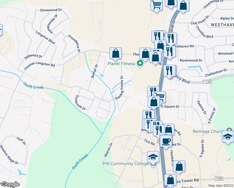 map of restaurants, bars, coffee shops, grocery stores, and more near 3902 Sterling Pointe Drive in Winterville