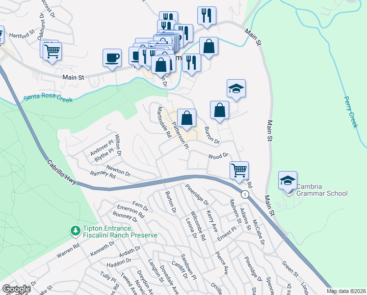 map of restaurants, bars, coffee shops, grocery stores, and more near 2771 Patterson Place in Cambria
